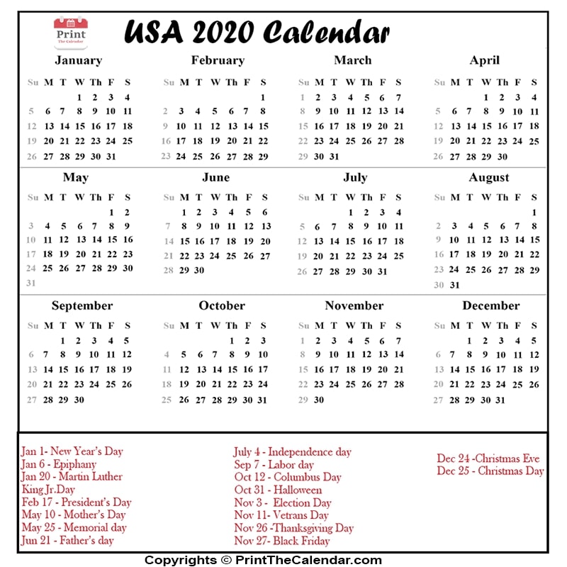 Us Calendar 2020